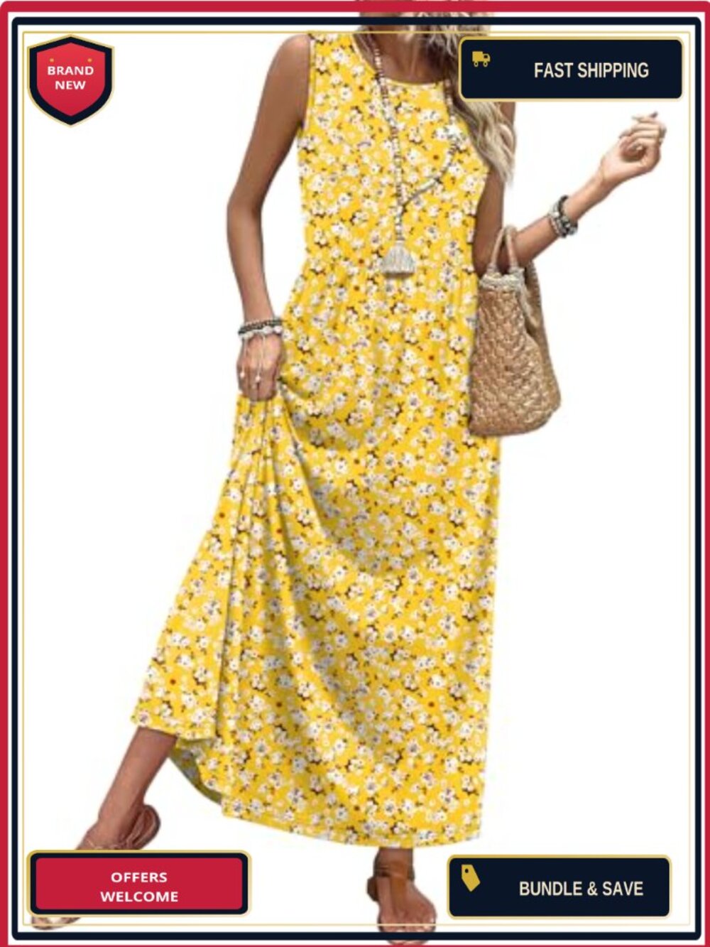 WIHOLL Summer Maxi Dress with Pockets Flowy A-Line Sleeveless Long Sundress